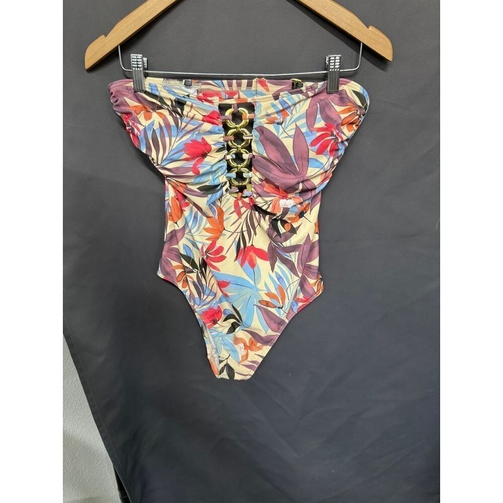 Venus Tropical Bathing Suit strapless bathing suit with Chain link size 10 y2k